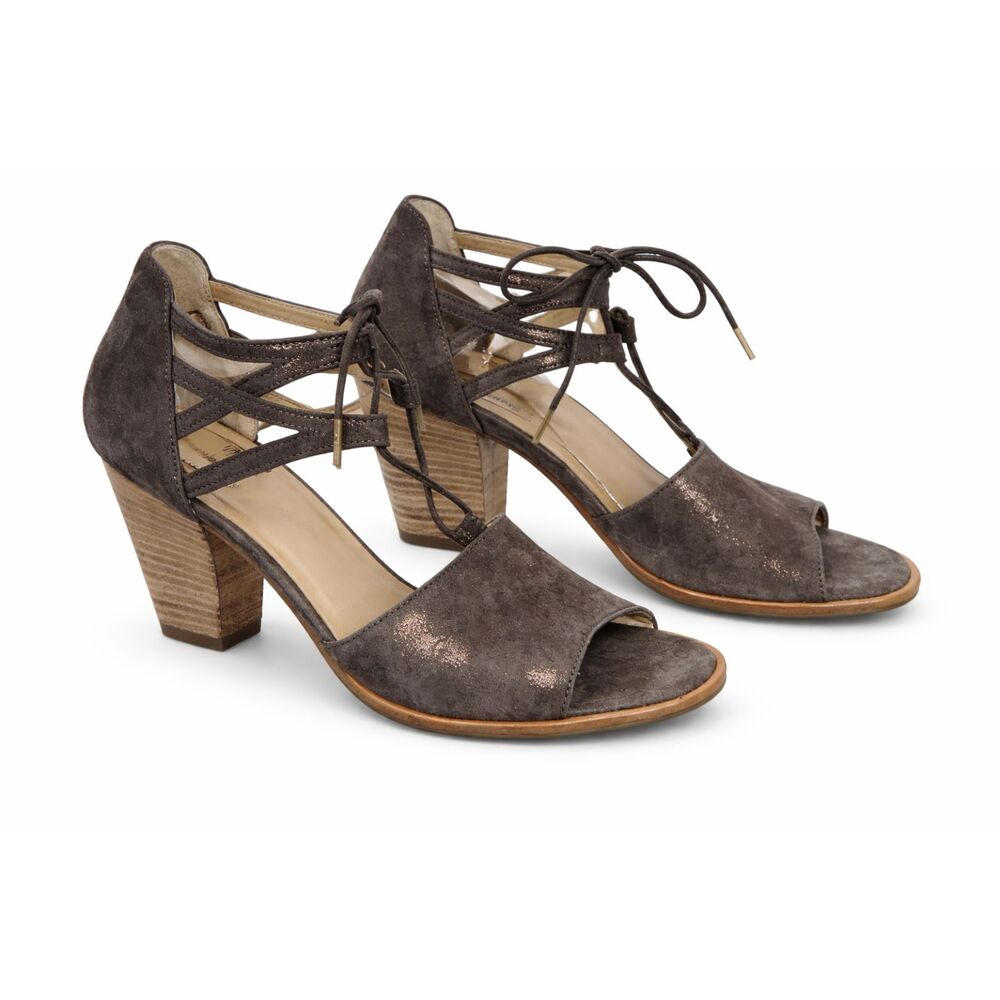 Paul Green Metallic Earth Suede Lace Up Block Heel Sandals Victorian Strappy 9